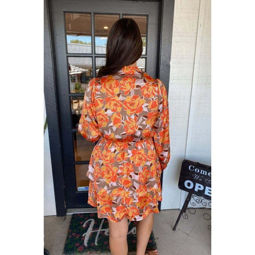 ANDREE BY UNIT Orange Taupe Floral Printed Satin Dress Fall New S-L D10288 - Picture 7 of 12